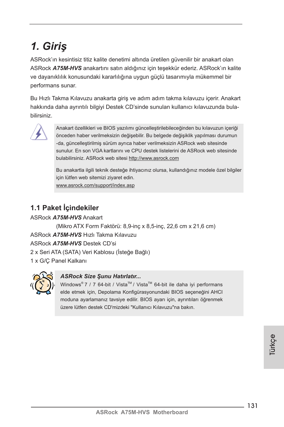 Turkish, Giriş, 1 paket içindekiler | Türkçe | ASRock A75M-HVS User Manual | Page 131 / 232