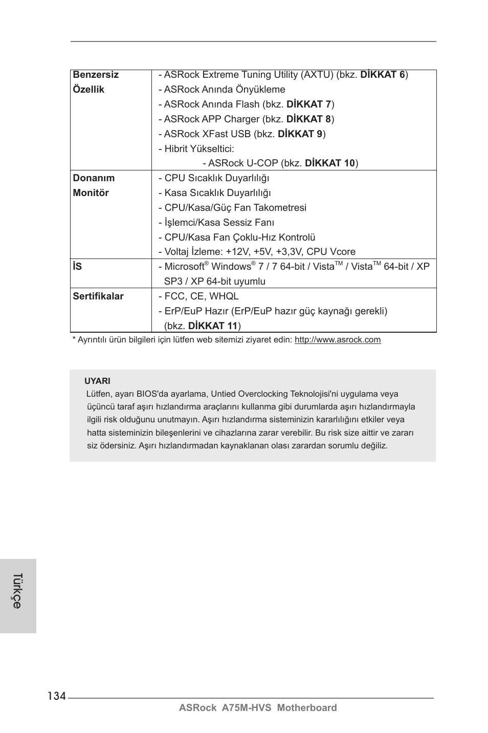 Türkçe | ASRock A75M-HVS User Manual | Page 134 / 232