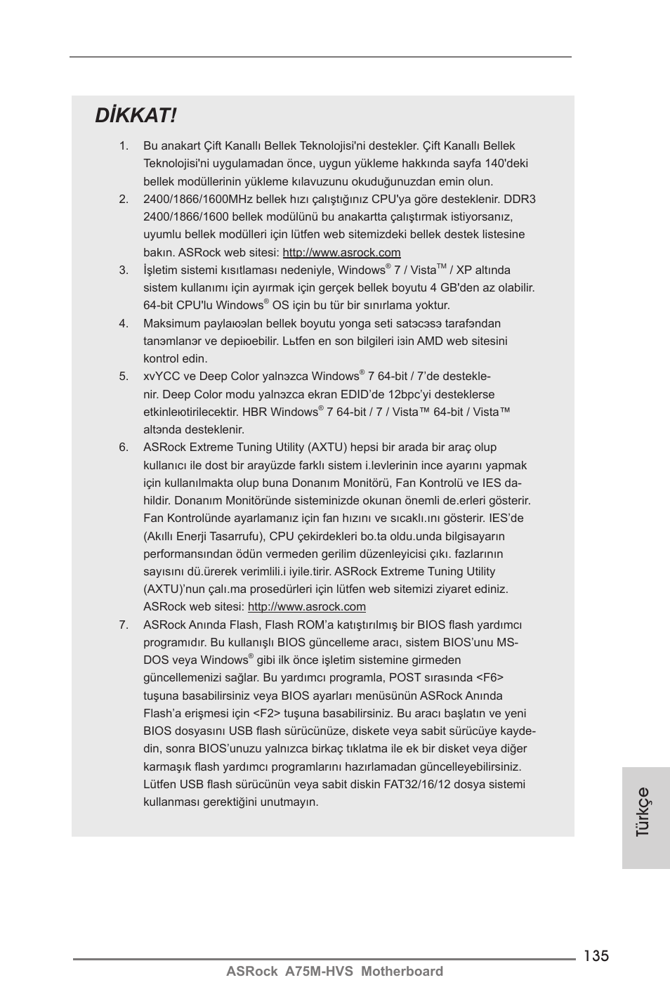Dikkat, Türkçe | ASRock A75M-HVS User Manual | Page 135 / 232