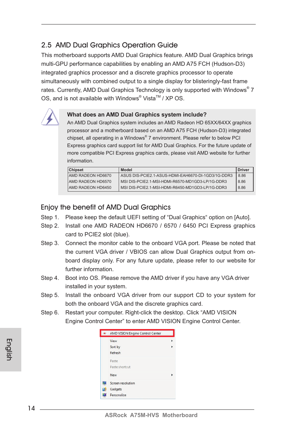 English 2.5 amd dual graphics operation guide, Enjoy the benefit of amd dual graphics | ASRock A75M-HVS User Manual | Page 14 / 232