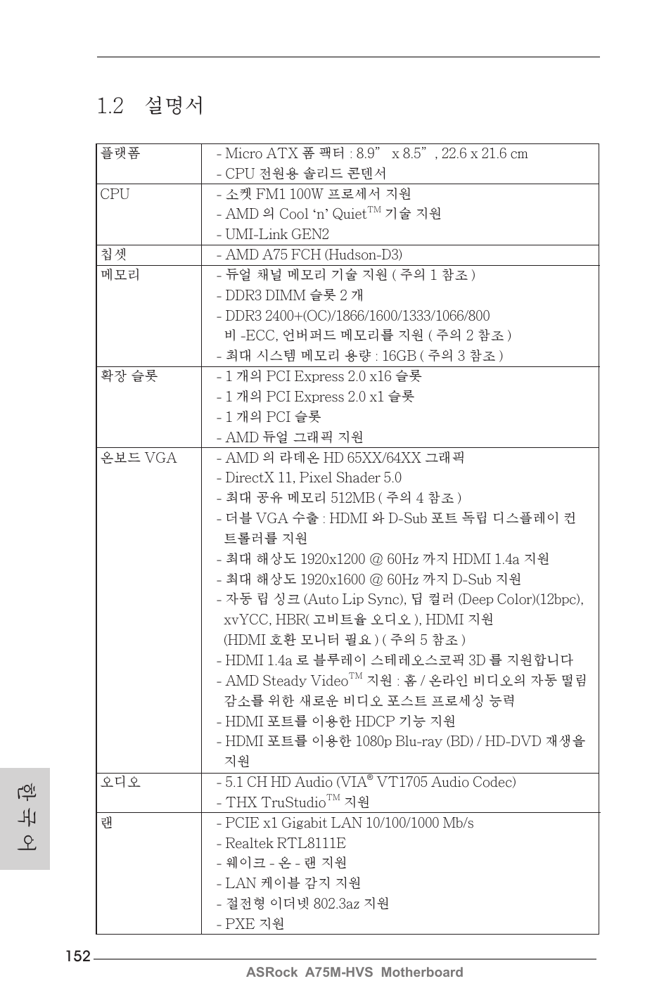 한 국 어 1.2 설명서 | ASRock A75M-HVS User Manual | Page 152 / 232