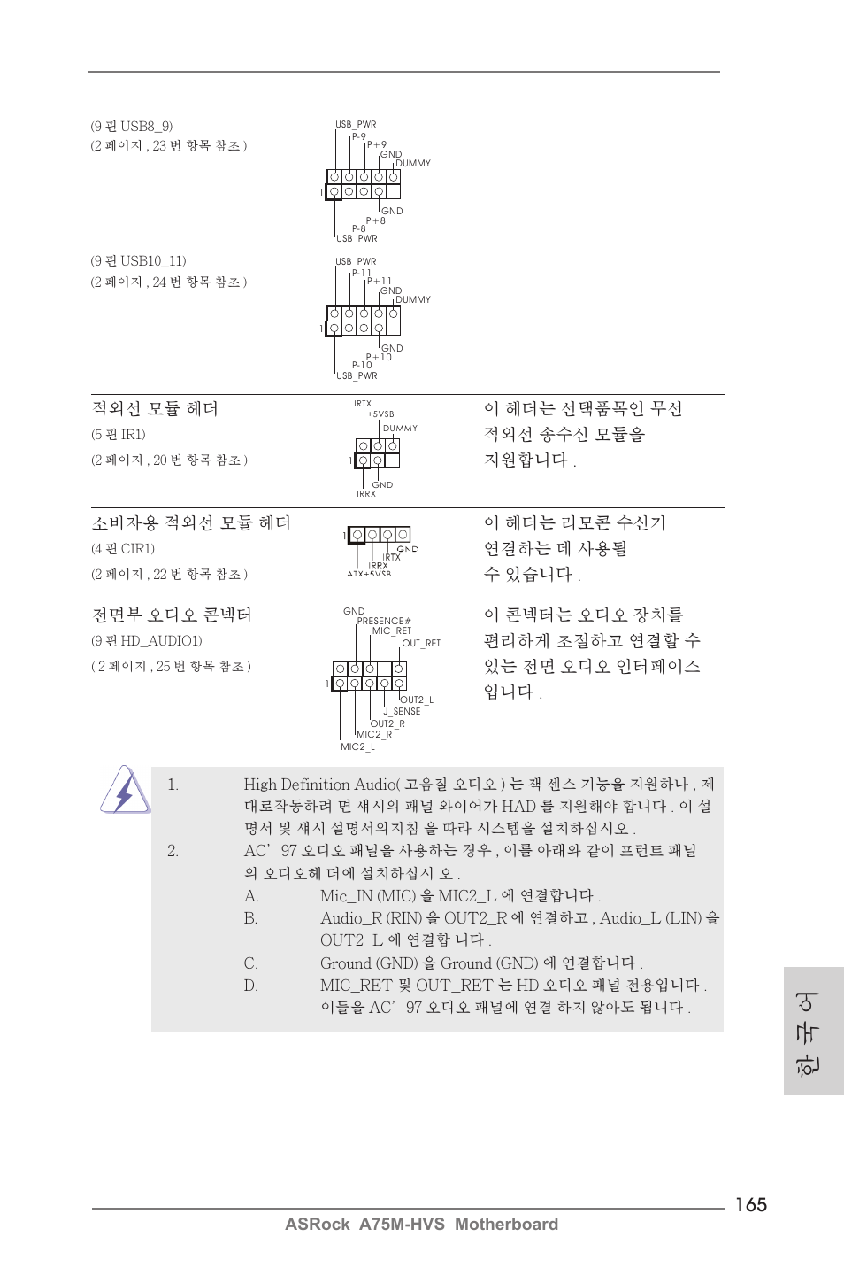 한 국 어, Asrock a75m-hvs motherboard, 적외선 모듈 헤더 이 헤더는 선택품목인 무선 | 적외선 송수신 모듈을, 지원합니다 . 전면부 오디오 콘넥터 이 콘넥터는 오디오 장치를, 편리하게 조절하고 연결할 수, 있는 전면 오디오 인터페이스 입니다 . 소비자용 적외선 모듈 헤더 이 헤더는 리모콘 수신기, 연결하는 데 사용될, 수 있습니다 | ASRock A75M-HVS User Manual | Page 165 / 232