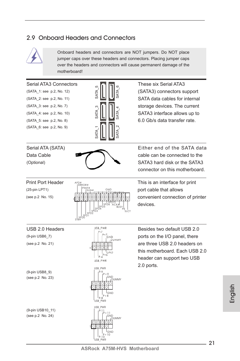 English 2.9 onboard headers and connectors, Asrock a75m-hvs motherboard, Serial ata3 connectors these six serial ata3 | Sata3) connectors support, Sata data cables for internal, Storage devices. the current, Sata3 interface allows up to, 0 gb/s data transfer rate, Usb 2.0 headers besides two default usb 2.0, Ports on the i/o panel, there | ASRock A75M-HVS User Manual | Page 21 / 232