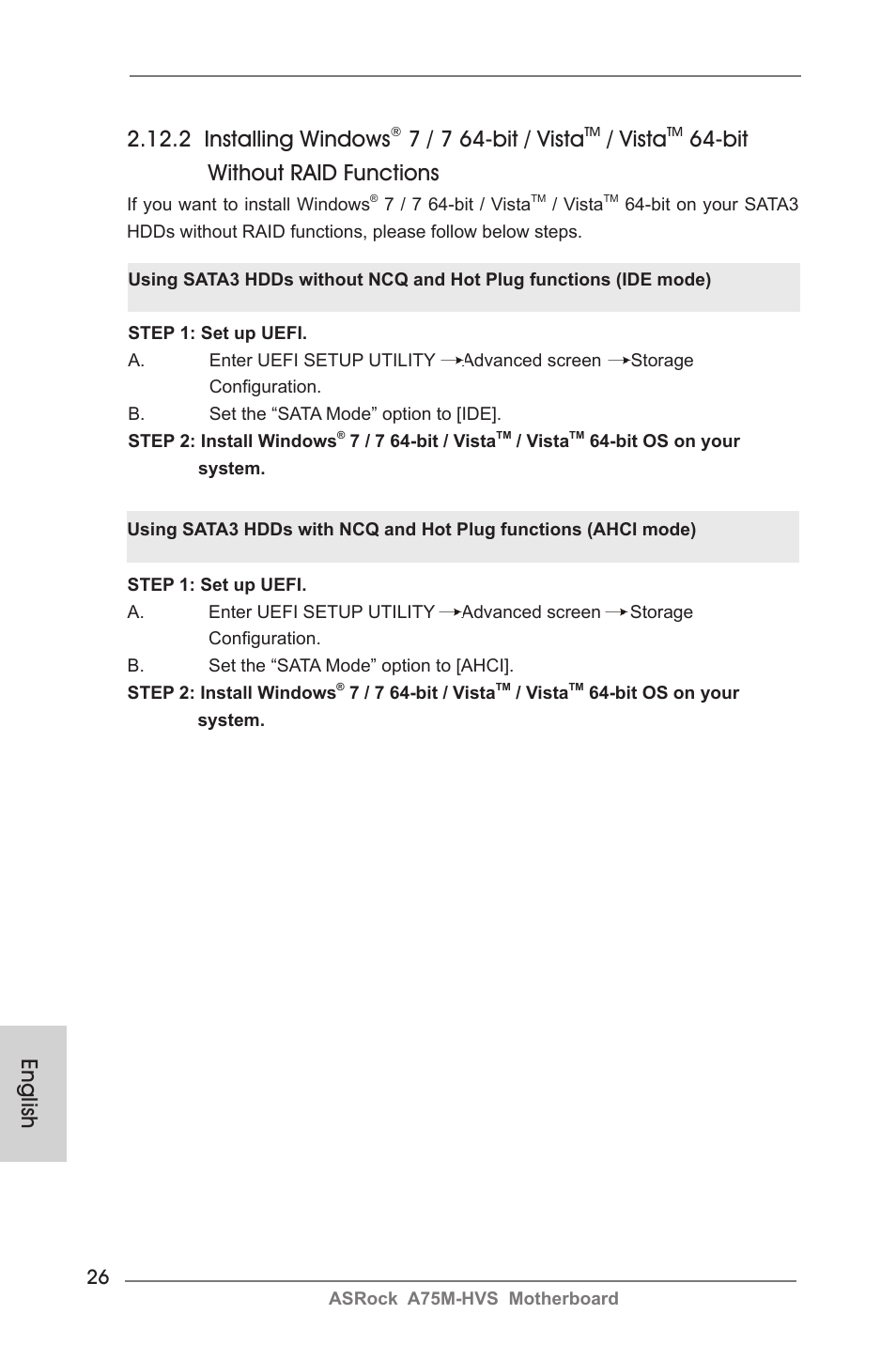 2 installing windows, 7 / 7 64-bit / vista, Vista | Bit without raid functions, English | ASRock A75M-HVS User Manual | Page 26 / 232