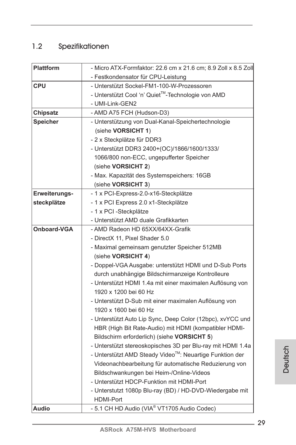 2 spezifikationen, Deutsch | ASRock A75M-HVS User Manual | Page 29 / 232