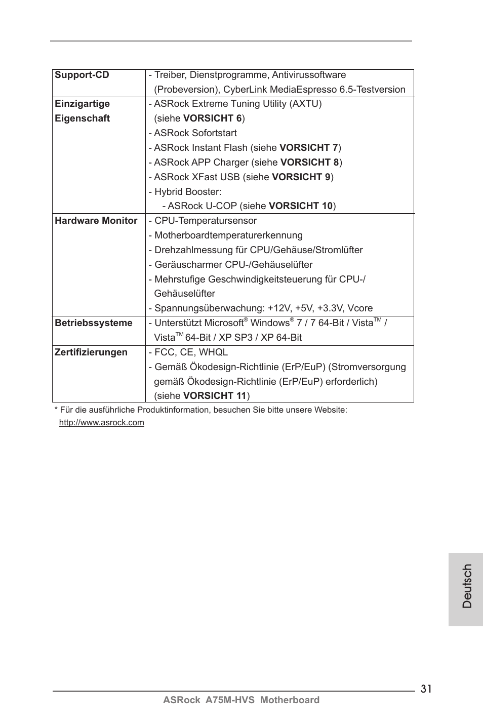 Deutsch | ASRock A75M-HVS User Manual | Page 31 / 232