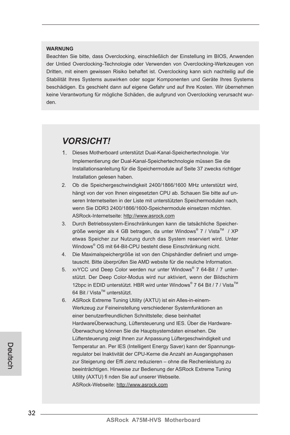 Vorsicht, Deutsch | ASRock A75M-HVS User Manual | Page 32 / 232