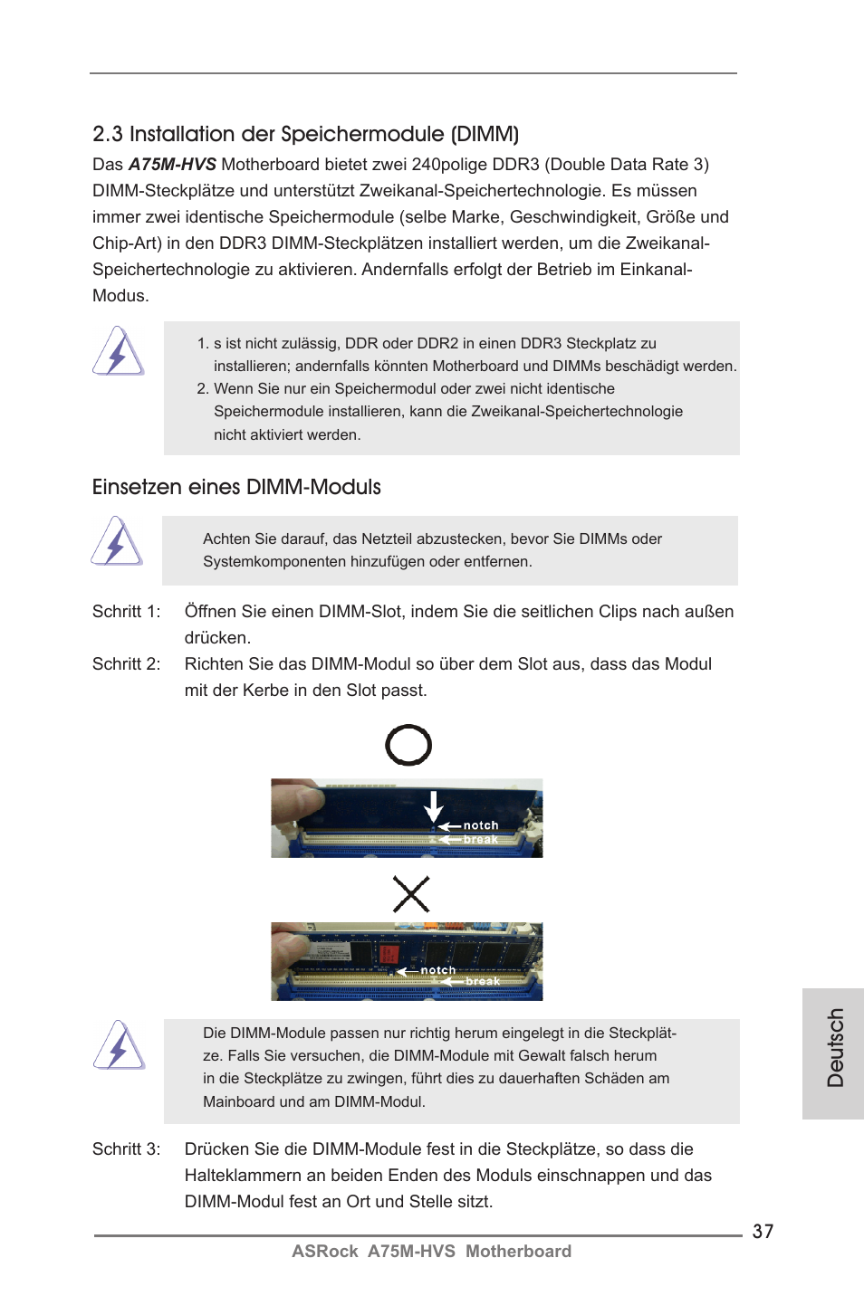 Deutsch 2.3 installation der speichermodule (dimm), Einsetzen eines dimm-moduls | ASRock A75M-HVS User Manual | Page 37 / 232