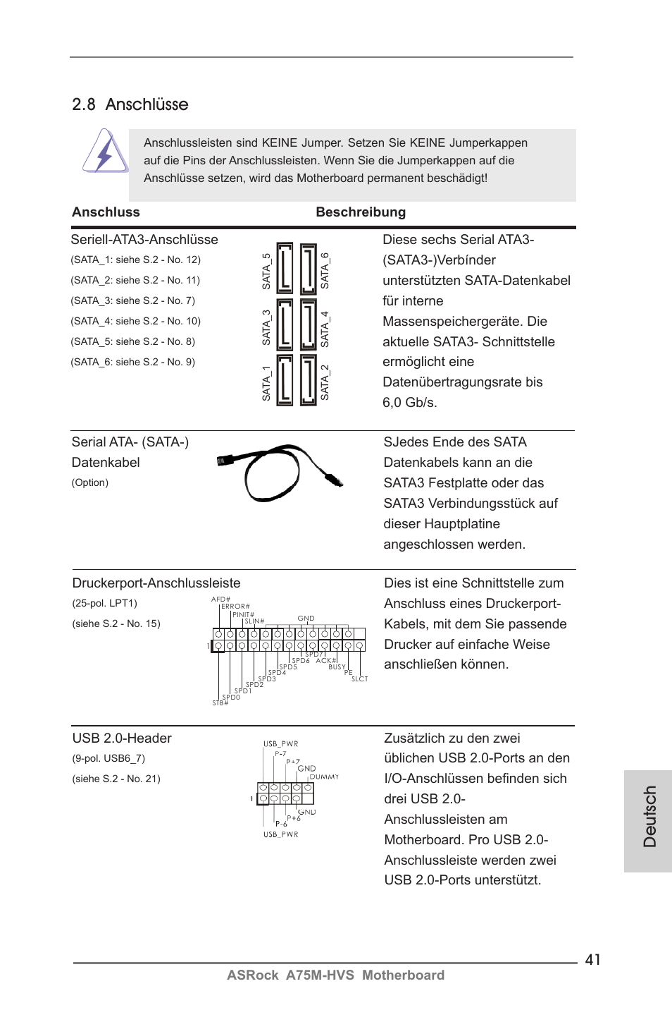 Deutsch, 8 anschlüsse | ASRock A75M-HVS User Manual | Page 41 / 232