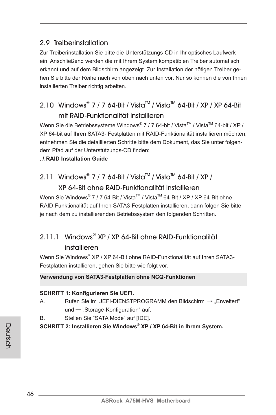 11 windows, 7 / 7 64-bit / vista, Vista | 9 treiberinstallation, 1 windows, 10 windows, Deutsch | ASRock A75M-HVS User Manual | Page 46 / 232
