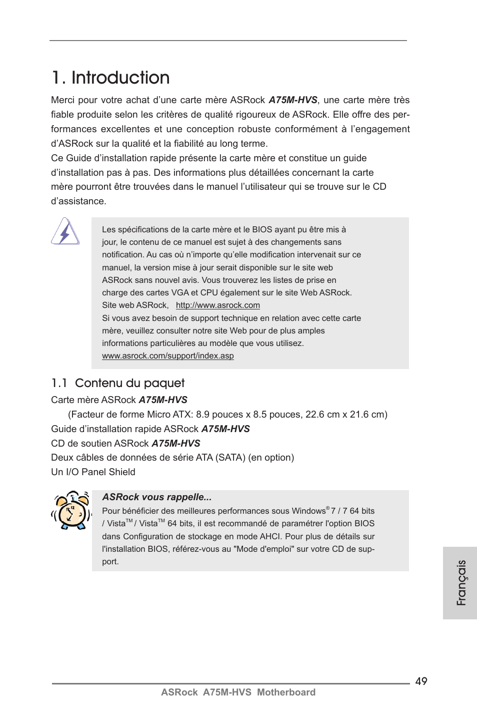 French, Introduction, 1 contenu du paquet | Français | ASRock A75M-HVS User Manual | Page 49 / 232