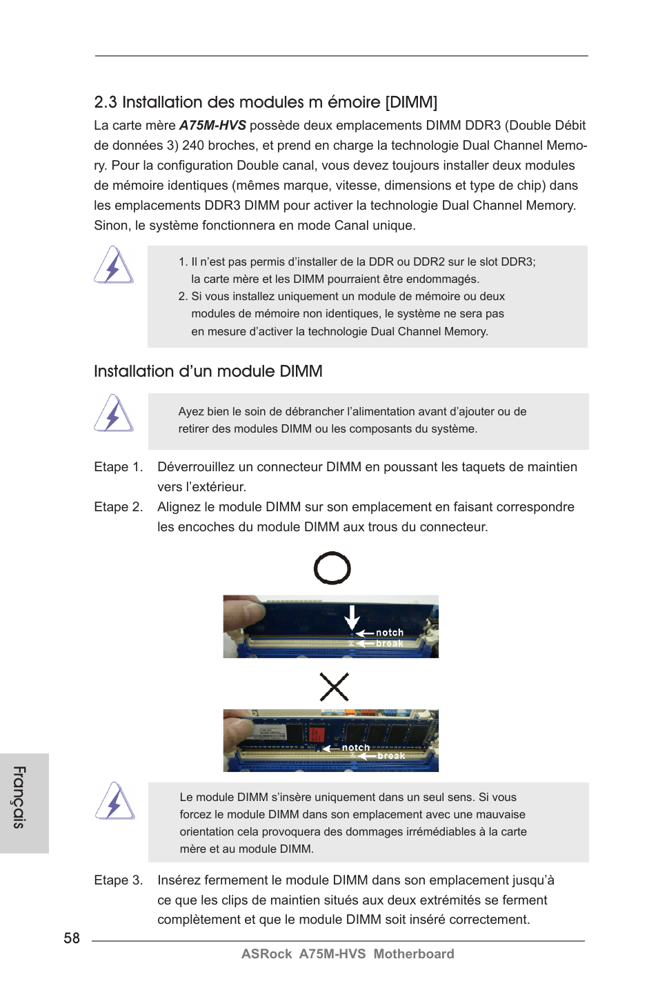Installation d’un module dimm | ASRock A75M-HVS User Manual | Page 58 / 232