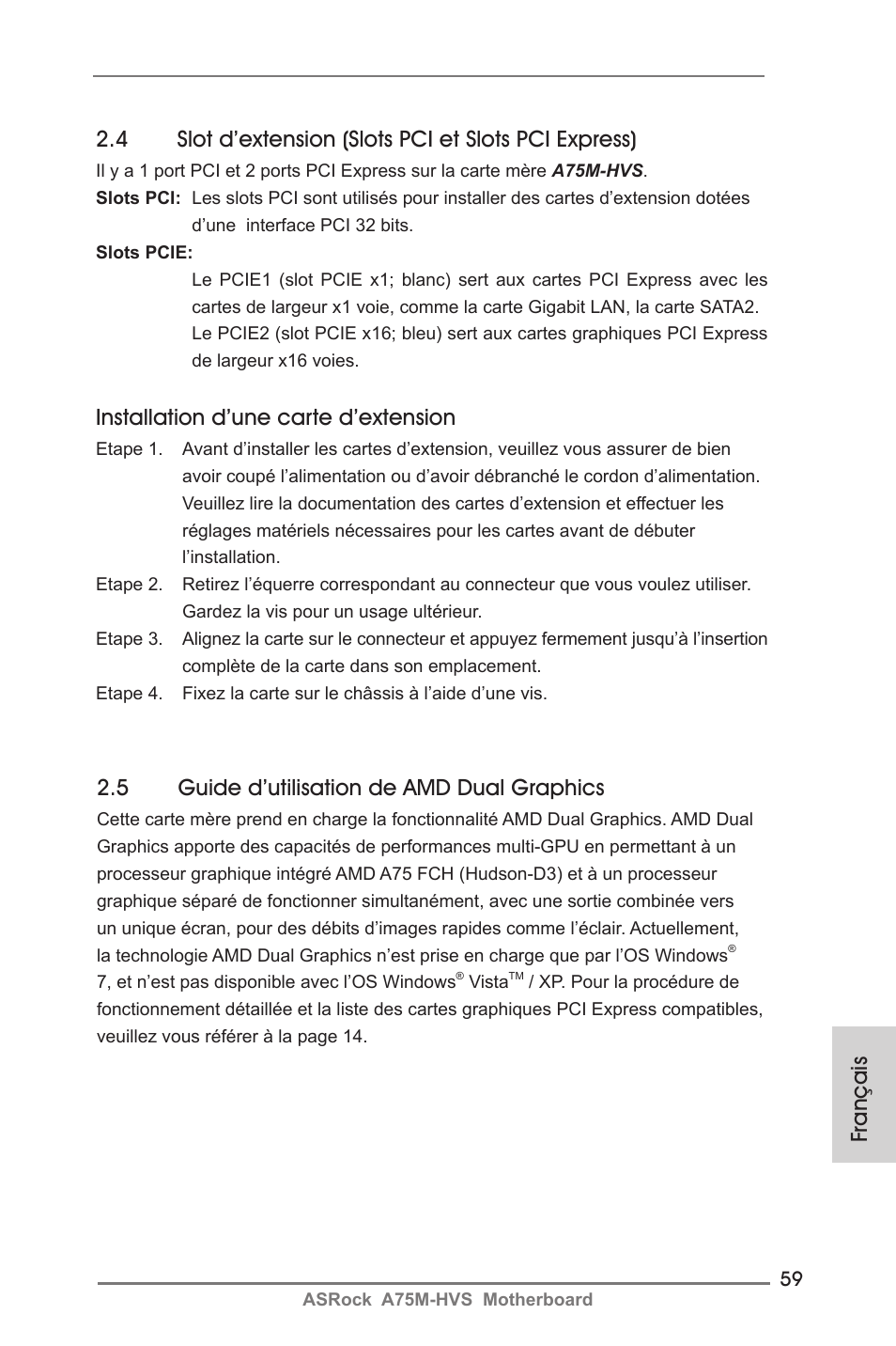 Installation d’une carte d’extension, 5 guide d’utilisation de amd dual graphics | ASRock A75M-HVS User Manual | Page 59 / 232