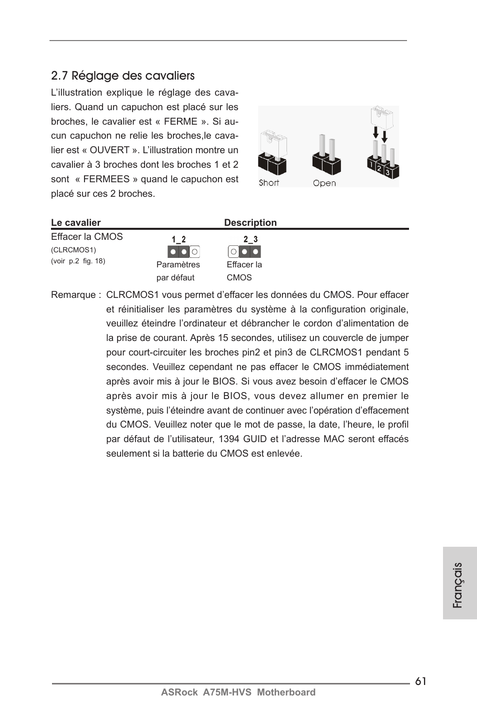 Français 2.7 réglage des cavaliers | ASRock A75M-HVS User Manual | Page 61 / 232