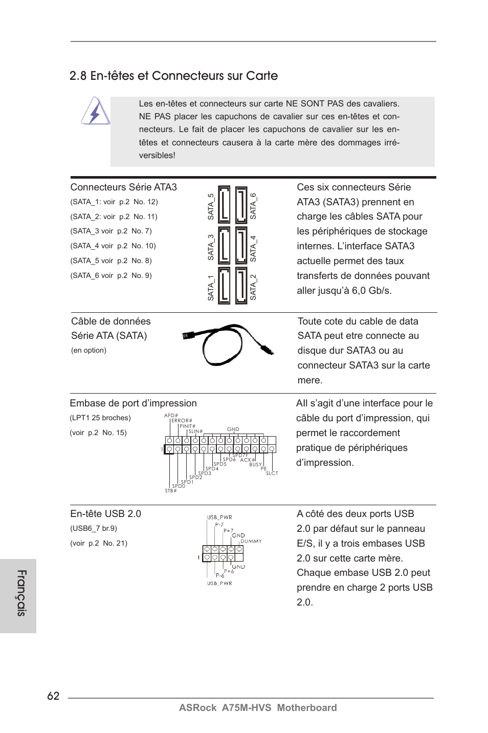 Français, 8 en-têtes et connecteurs sur carte | ASRock A75M-HVS User Manual | Page 62 / 232