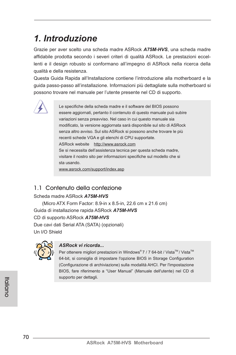 Italian, Introduzione, 1 contenuto della confezione | Italiano | ASRock A75M-HVS User Manual | Page 70 / 232