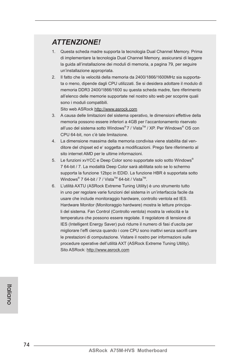 Attenzione, Italiano, Asrock a75m-hvs motherboard | ASRock A75M-HVS User Manual | Page 74 / 232