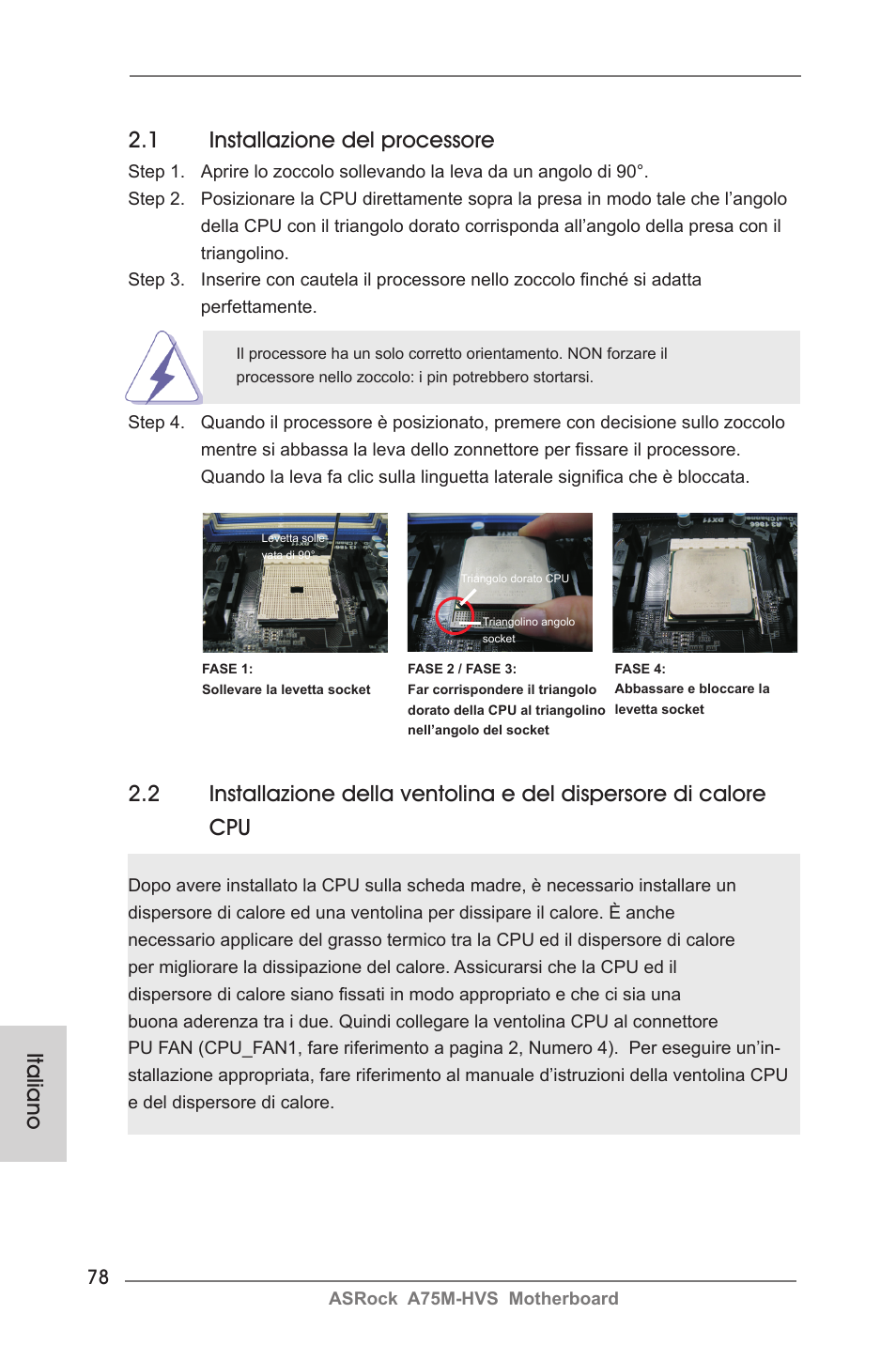 1 installazione del processore, Italiano | ASRock A75M-HVS User Manual | Page 78 / 232