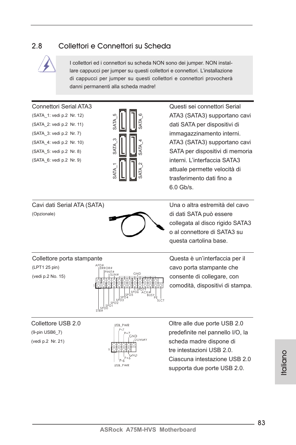 Italiano 2.8 collettori e connettori su scheda | ASRock A75M-HVS User Manual | Page 83 / 232