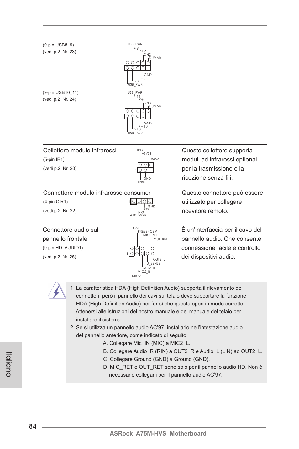 Italiano, Asrock a75m-hvs motherboard, Connessione facile e controllo | Dei dispositivi audio, Utilizzato per collegare, Moduli ad infrarossi optional, Per la trasmissione e la ricezione senza fili | ASRock A75M-HVS User Manual | Page 84 / 232