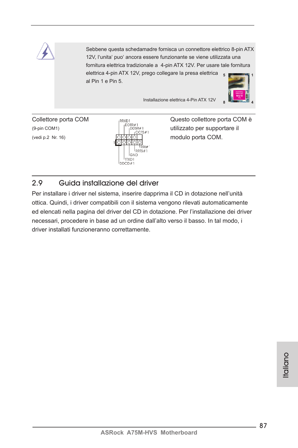 Italiano, 9 guida installazione del driver | ASRock A75M-HVS User Manual | Page 87 / 232