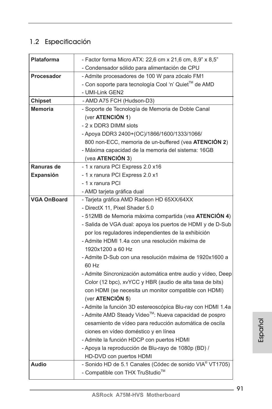 Español 1.2 especificación | ASRock A75M-HVS User Manual | Page 91 / 232