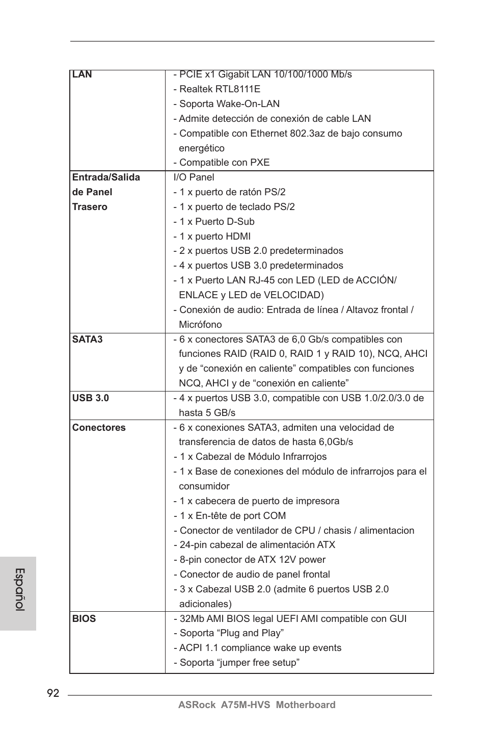 Español | ASRock A75M-HVS User Manual | Page 92 / 232