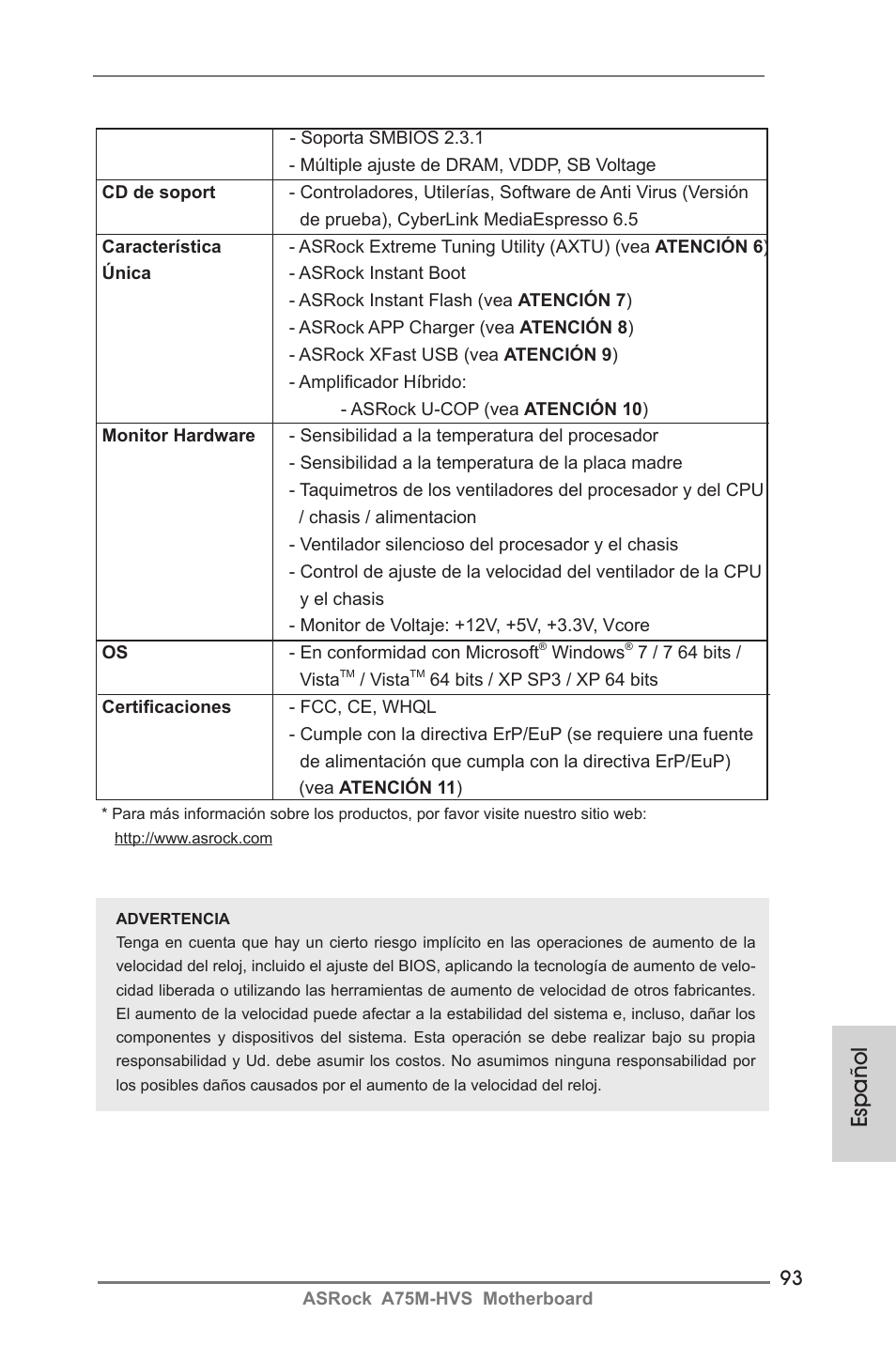 Español | ASRock A75M-HVS User Manual | Page 93 / 232