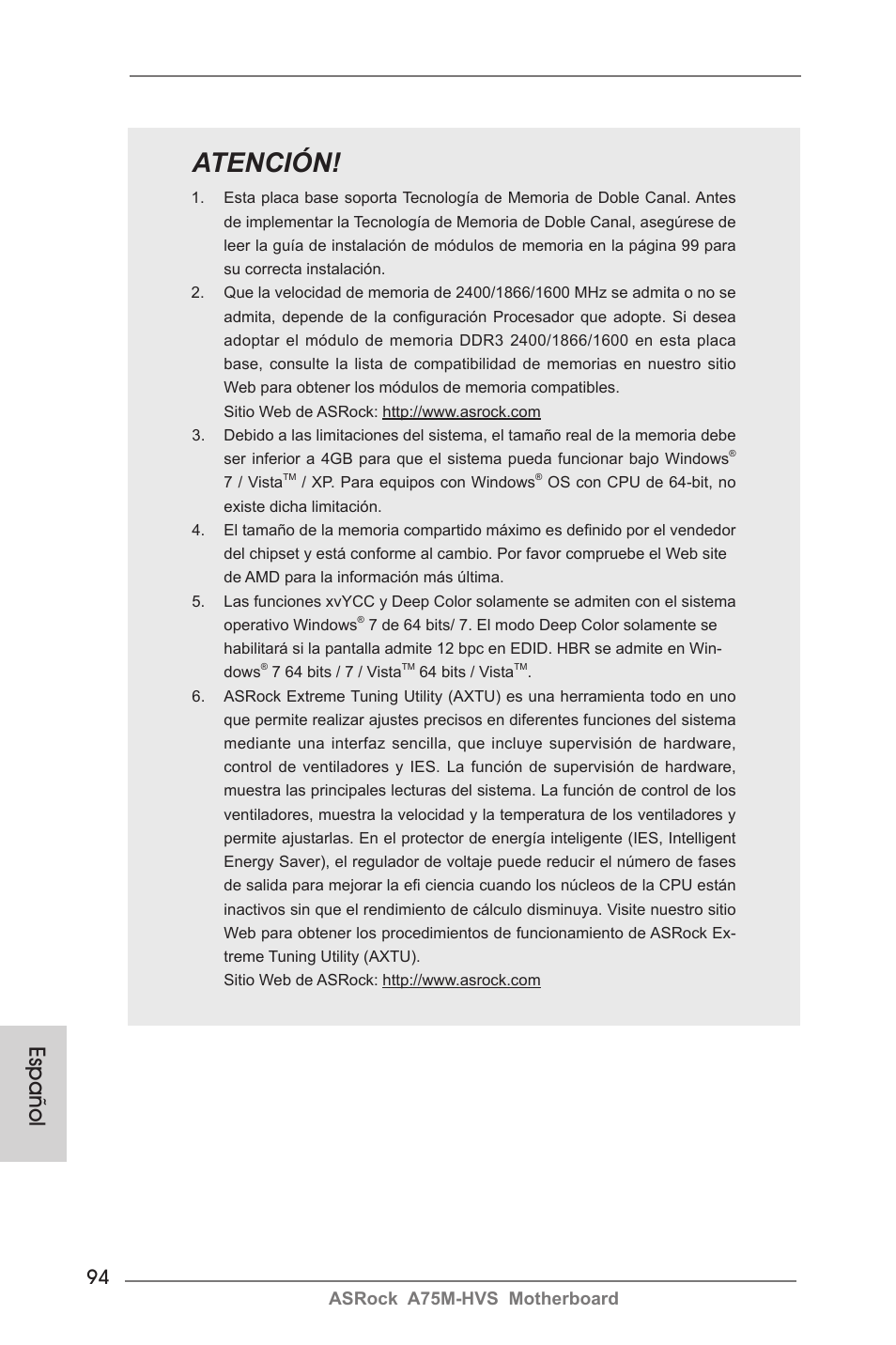 Atención, Español, Asrock a75m-hvs motherboard | ASRock A75M-HVS User Manual | Page 94 / 232