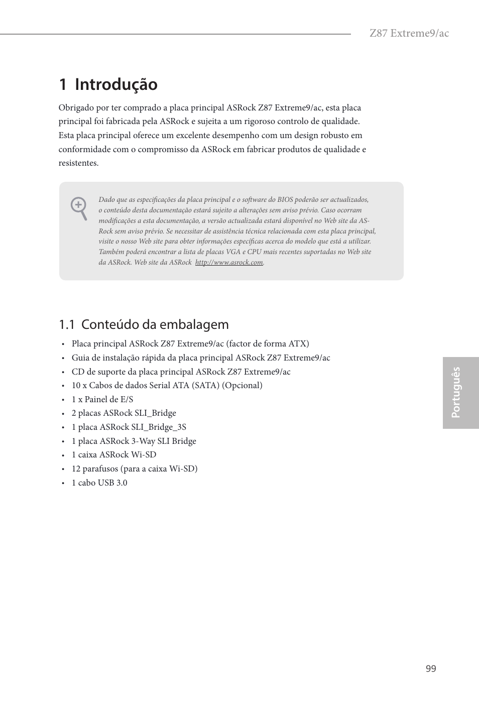 Portuguese, 1 introdução, 1 conteúdo da embalagem | Z87 extreme9/ac, Por tuguês | ASRock Z87 Extreme9__ac User Manual | Page 101 / 193