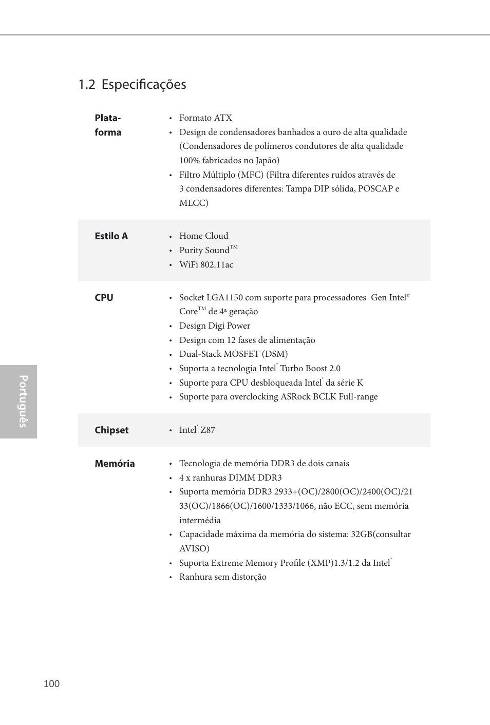 2 especificações, Z87 extreme9/ac, Por tuguês | ASRock Z87 Extreme9__ac User Manual | Page 102 / 193