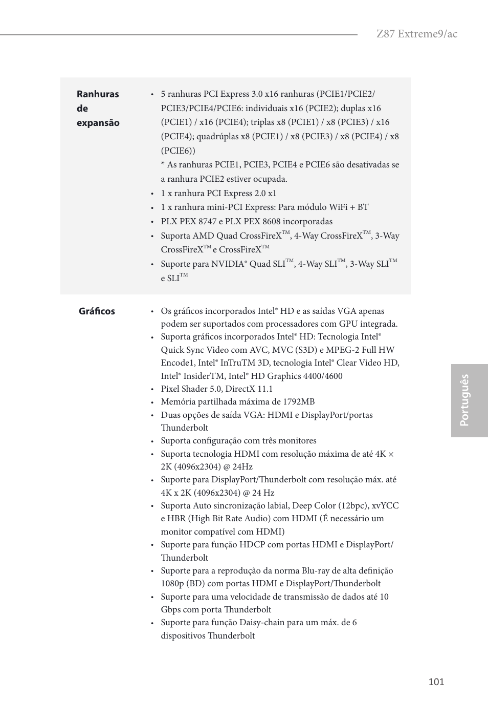 Z87 extreme9/ac, Por tuguês | ASRock Z87 Extreme9__ac User Manual | Page 103 / 193