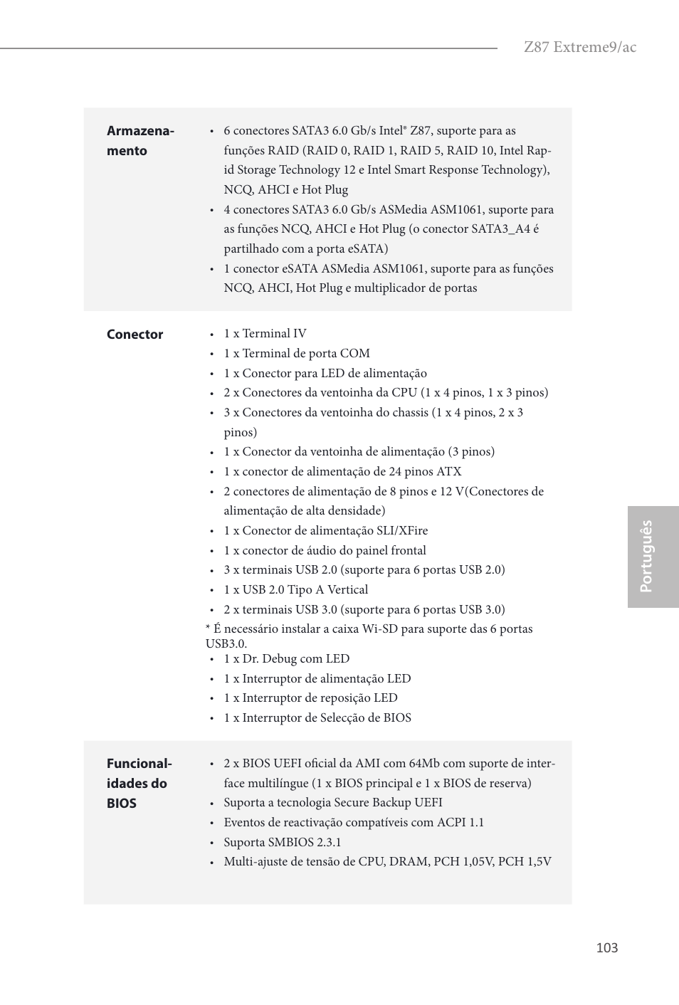 Z87 extreme9/ac, Por tuguês | ASRock Z87 Extreme9__ac User Manual | Page 105 / 193