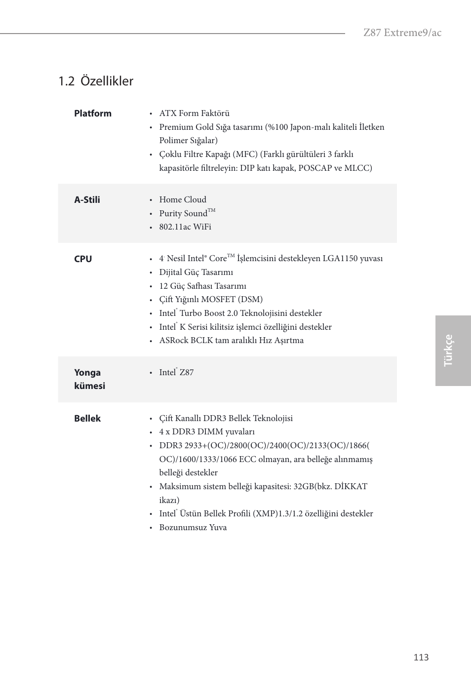 2 özellikler, Z87 extreme9/ac, Türk çe | ASRock Z87 Extreme9__ac User Manual | Page 115 / 193