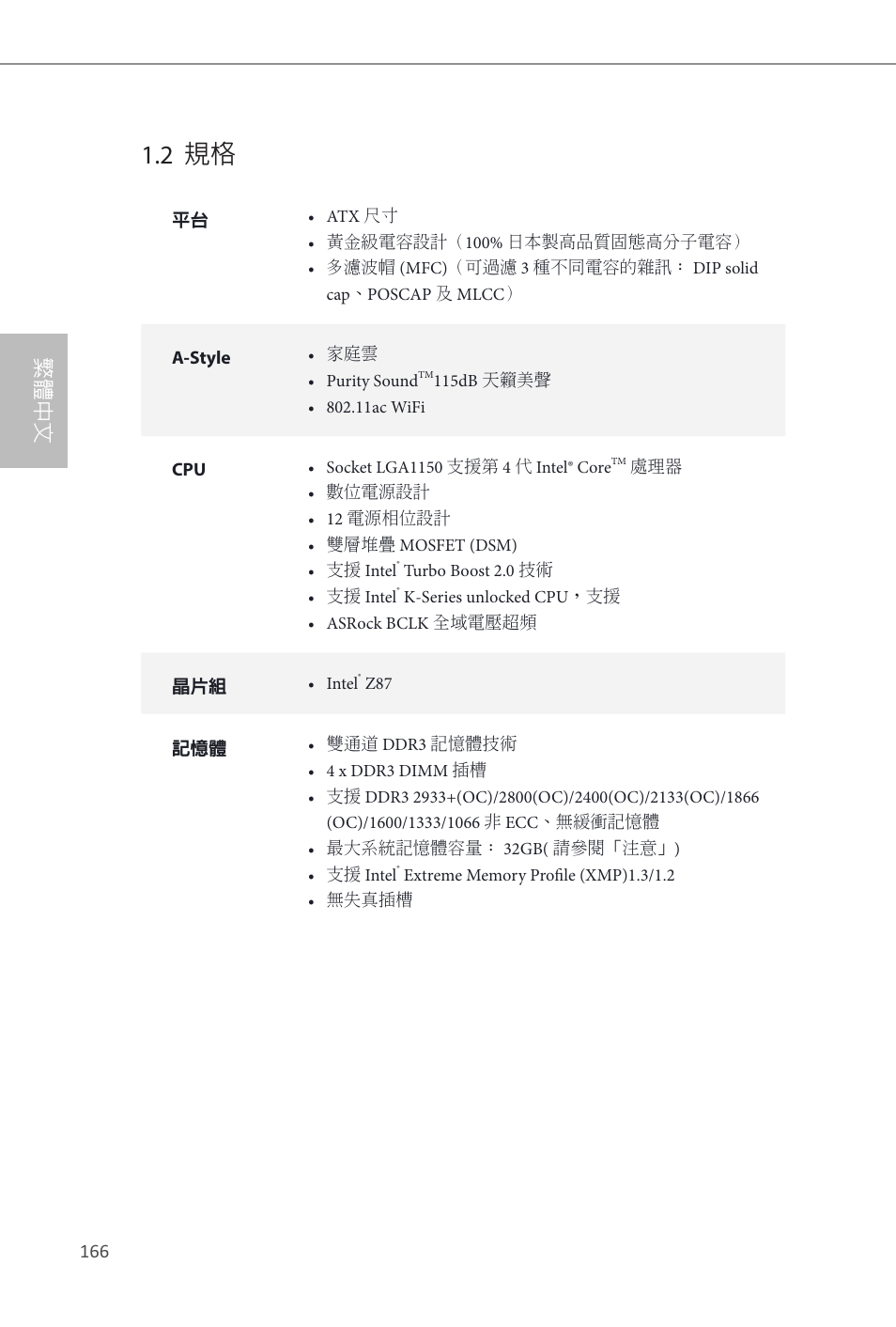 2 規格, Z87 extreme9/ac, 繁體中文 | ASRock Z87 Extreme9__ac User Manual | Page 168 / 193