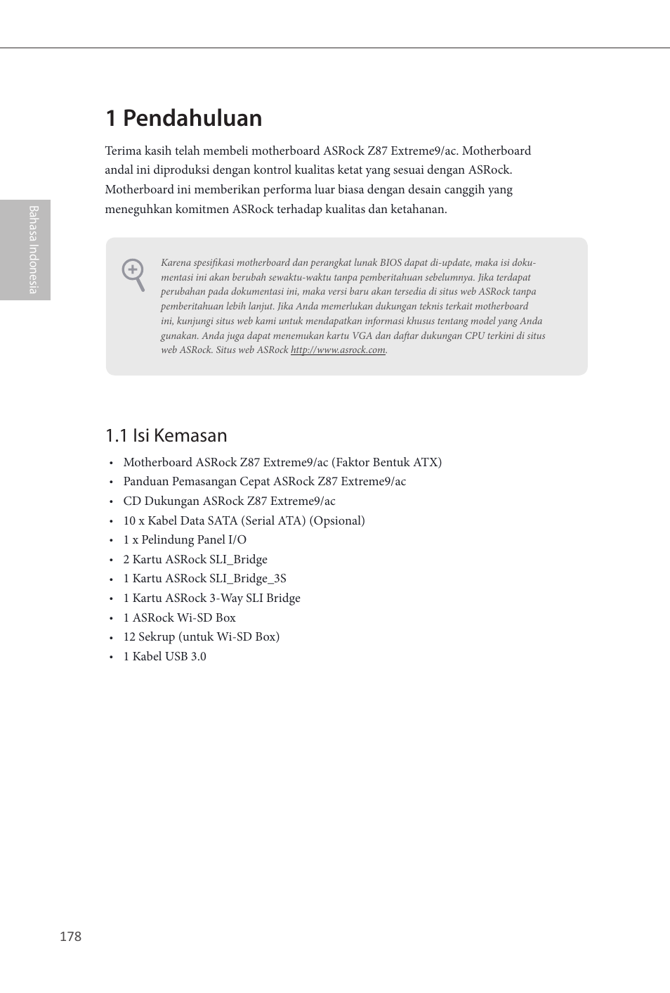 Indonesian, 1 pendahuluan, 1 isi kemasan | Z87 extreme9/ac | ASRock Z87 Extreme9__ac User Manual | Page 180 / 193