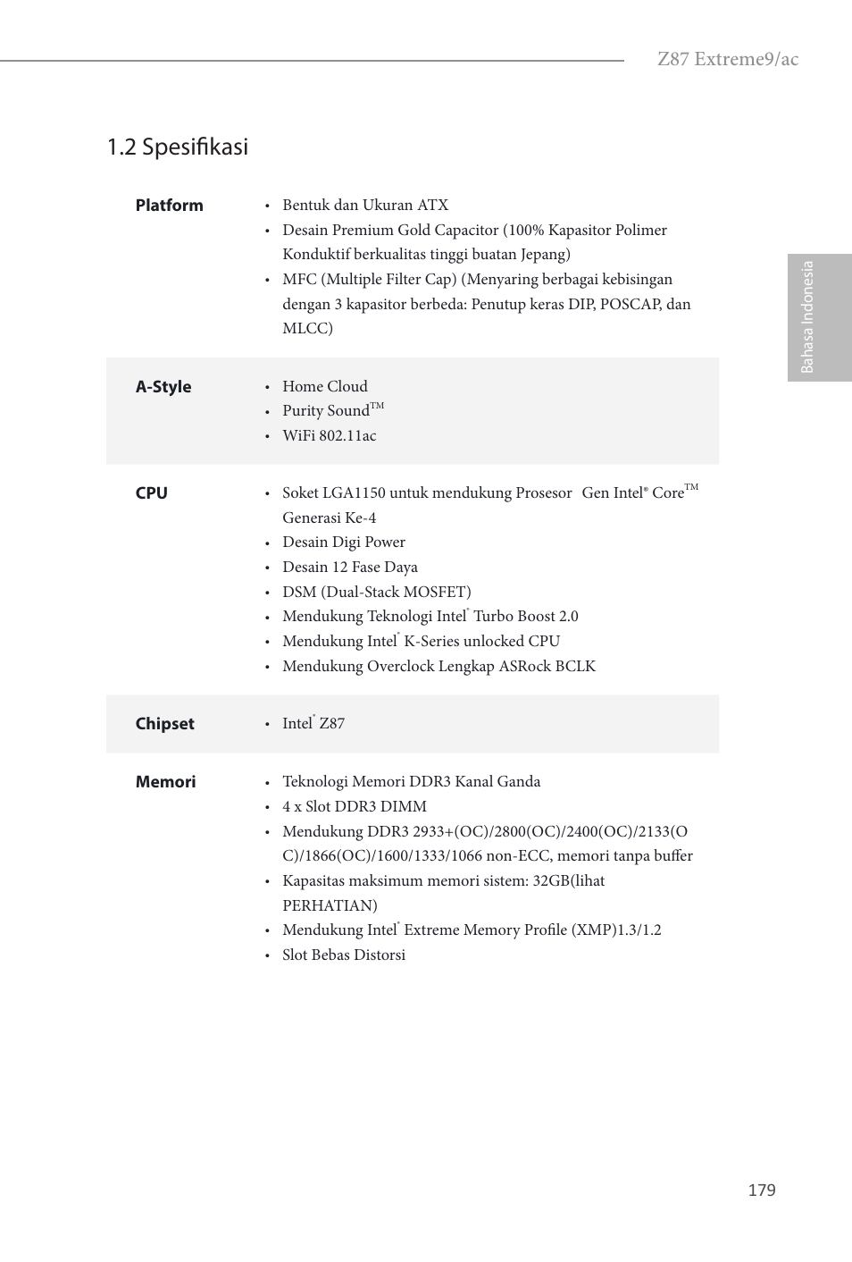 2 spesifikasi, Z87 extreme9/ac | ASRock Z87 Extreme9__ac User Manual | Page 181 / 193