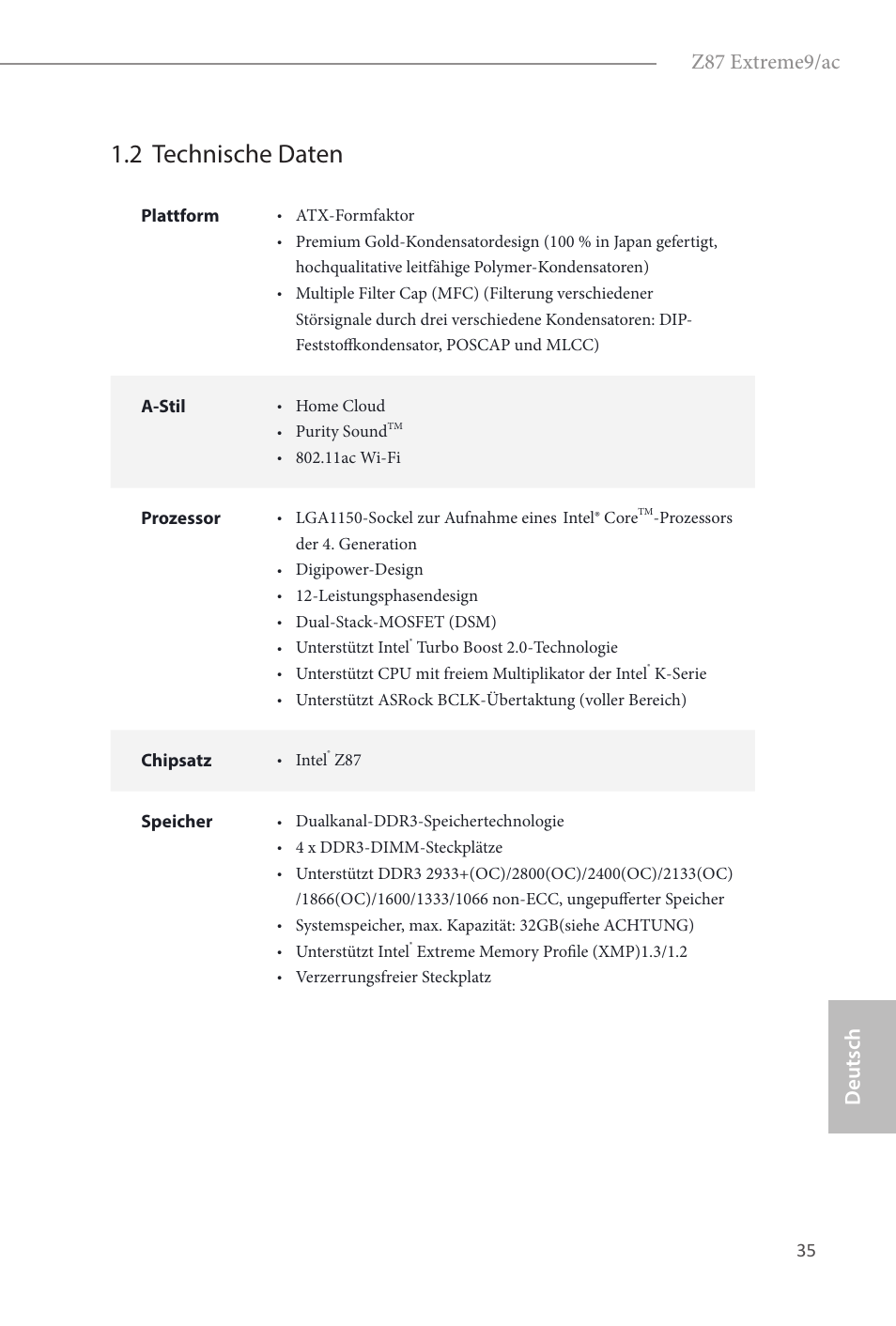 2 technische daten, Z87 extreme9/ac, Deutsch | ASRock Z87 Extreme9__ac User Manual | Page 37 / 193