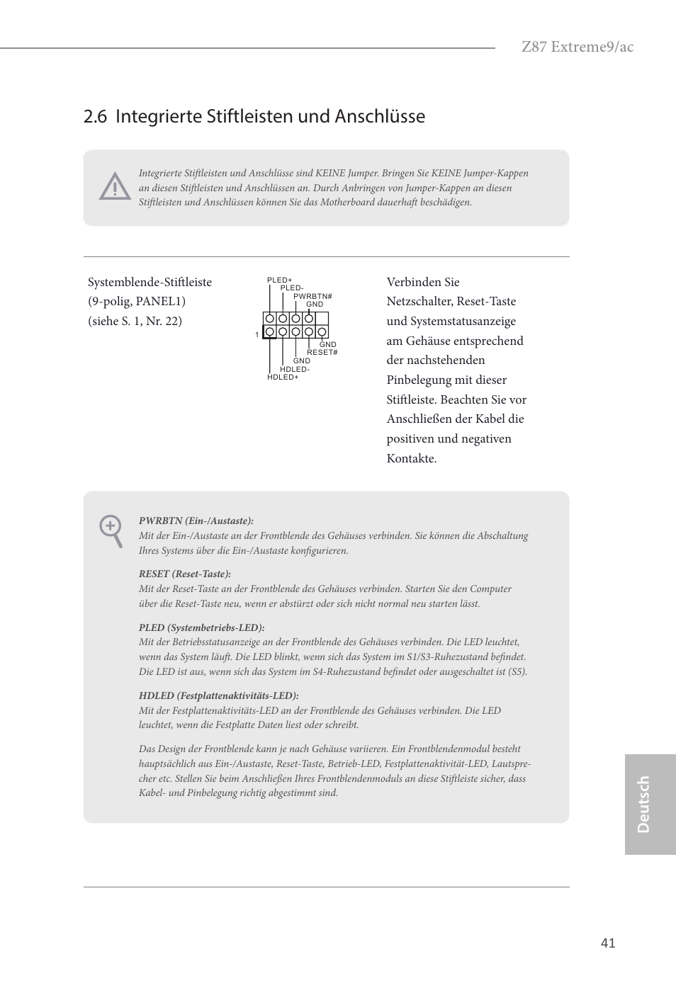 6 integrierte stiftleisten und anschlüsse, Z87 extreme9/ac, Deutsch | ASRock Z87 Extreme9__ac User Manual | Page 43 / 193