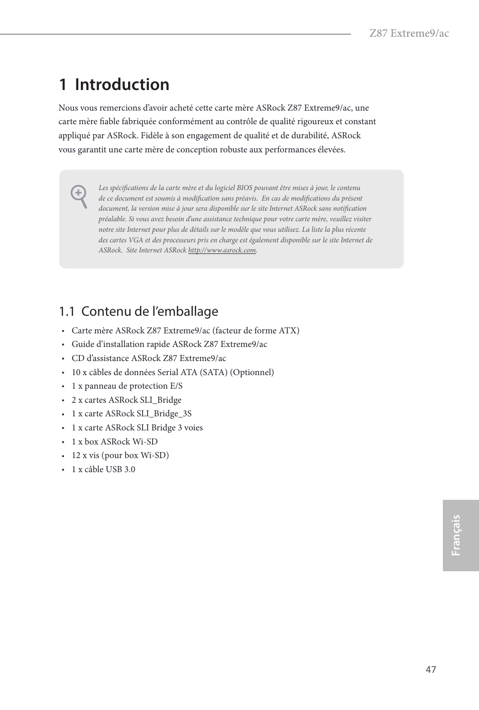 French, 1 introduction, 1 contenu de l’emballage | Z87 extreme9/ac, Fr ançais français | ASRock Z87 Extreme9__ac User Manual | Page 49 / 193