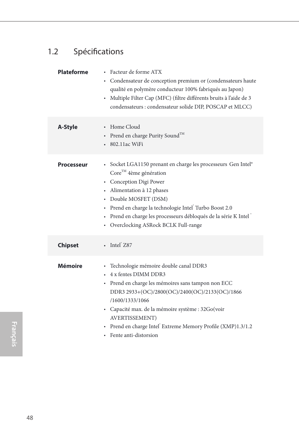 2 spécifications, Z87 extreme9/ac, Fr ançais français | ASRock Z87 Extreme9__ac User Manual | Page 50 / 193
