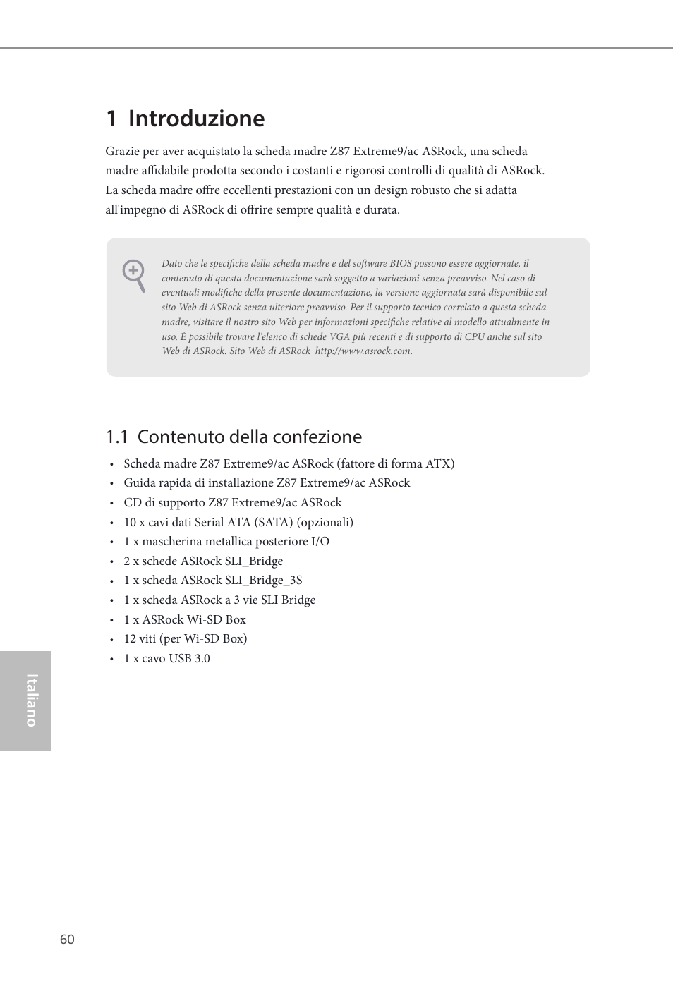 Italian, 1 introduzione, 1 contenuto della confezione | Z87 extreme9/ac, Italiano | ASRock Z87 Extreme9__ac User Manual | Page 62 / 193