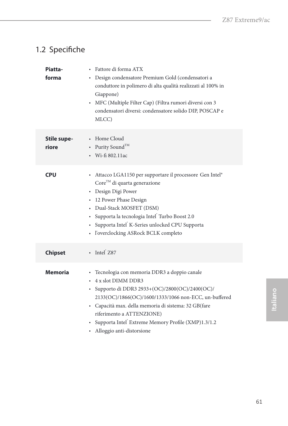 2 specifiche, Z87 extreme9/ac, Italiano | ASRock Z87 Extreme9__ac User Manual | Page 63 / 193