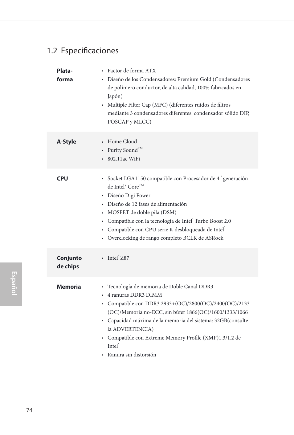 2 especificaciones, Z87 extreme9/ac, Español | ASRock Z87 Extreme9__ac User Manual | Page 76 / 193