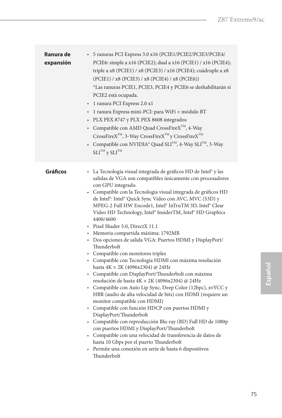 Z87 extreme9/ac, Español | ASRock Z87 Extreme9__ac User Manual | Page 77 / 193