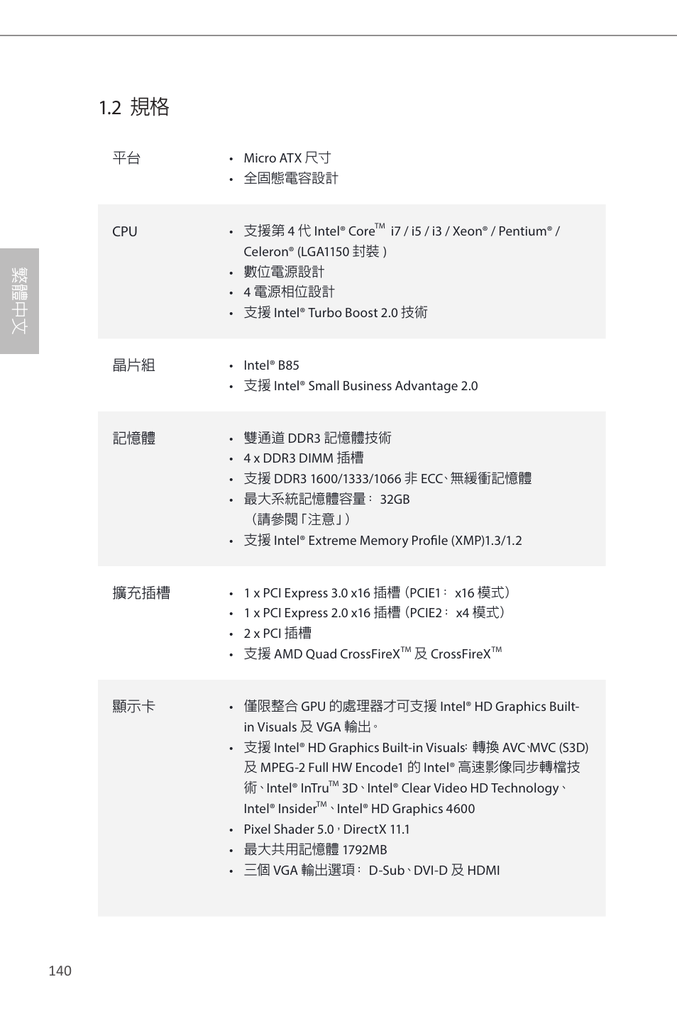 2 規格, 繁 體 中 文 | ASRock B85M Pro4 User Manual | Page 142 / 163
