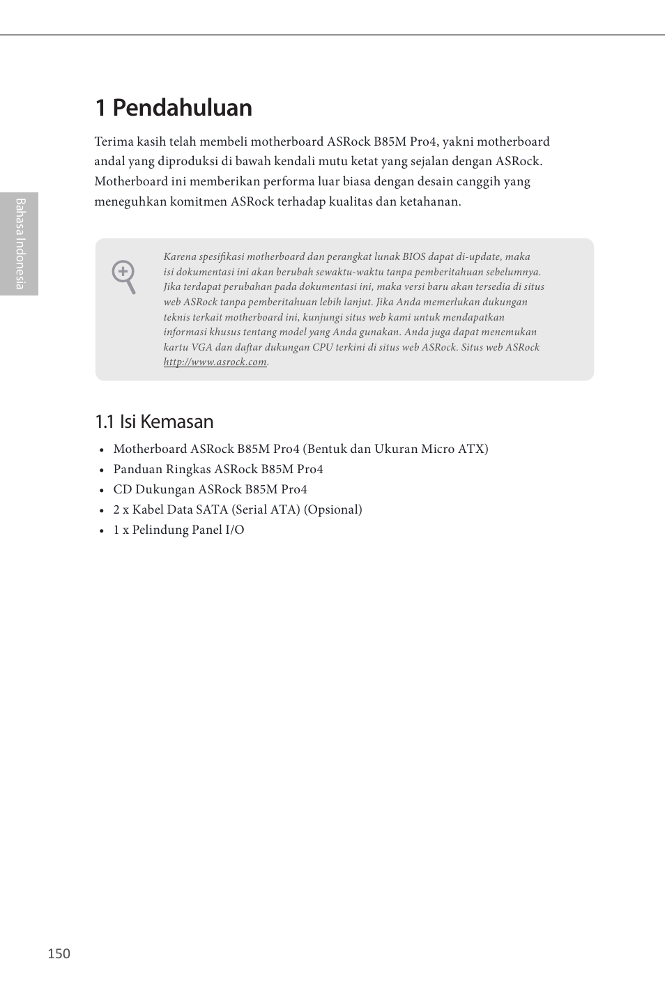 Indonesian, 1 pendahuluan, 1 isi kemasan | ASRock B85M Pro4 User Manual | Page 152 / 163