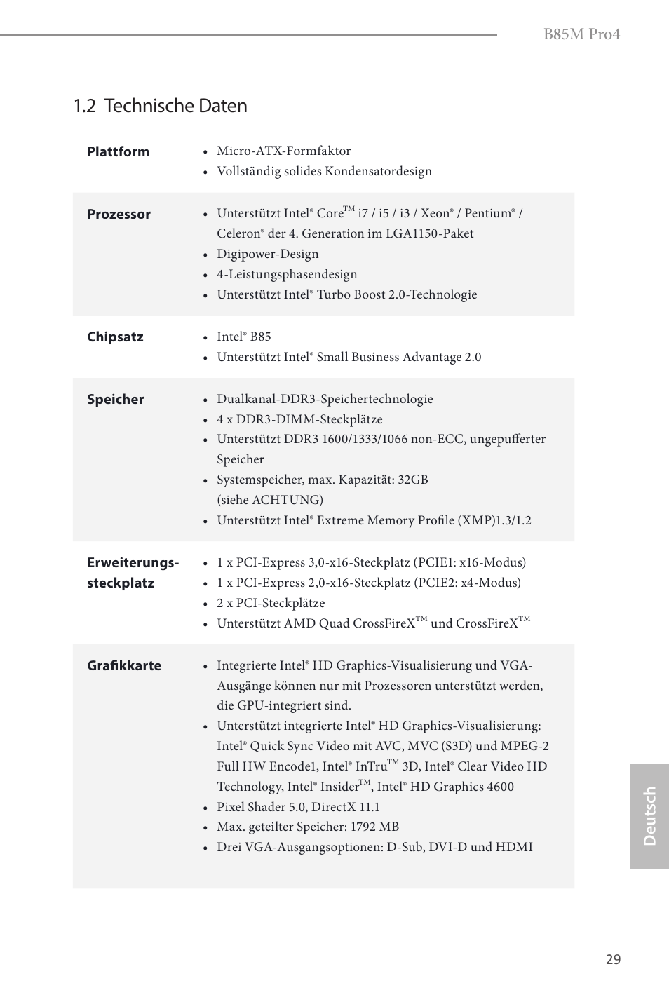 2 technische daten, B 8 5m pro4, Deutsch | ASRock B85M Pro4 User Manual | Page 31 / 163