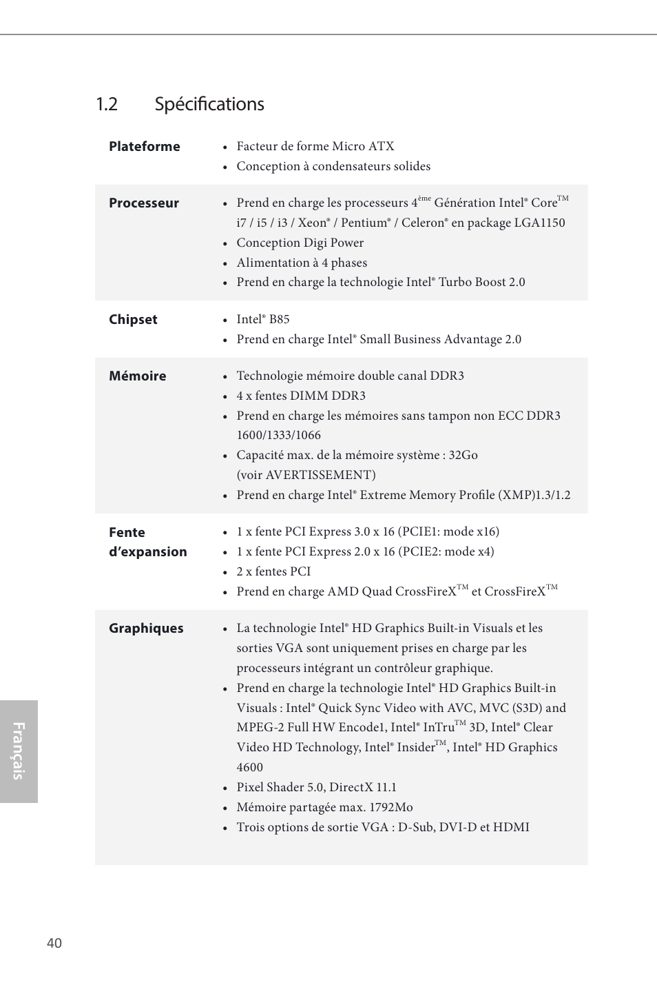 2 spécifications, Français | ASRock B85M Pro4 User Manual | Page 42 / 163