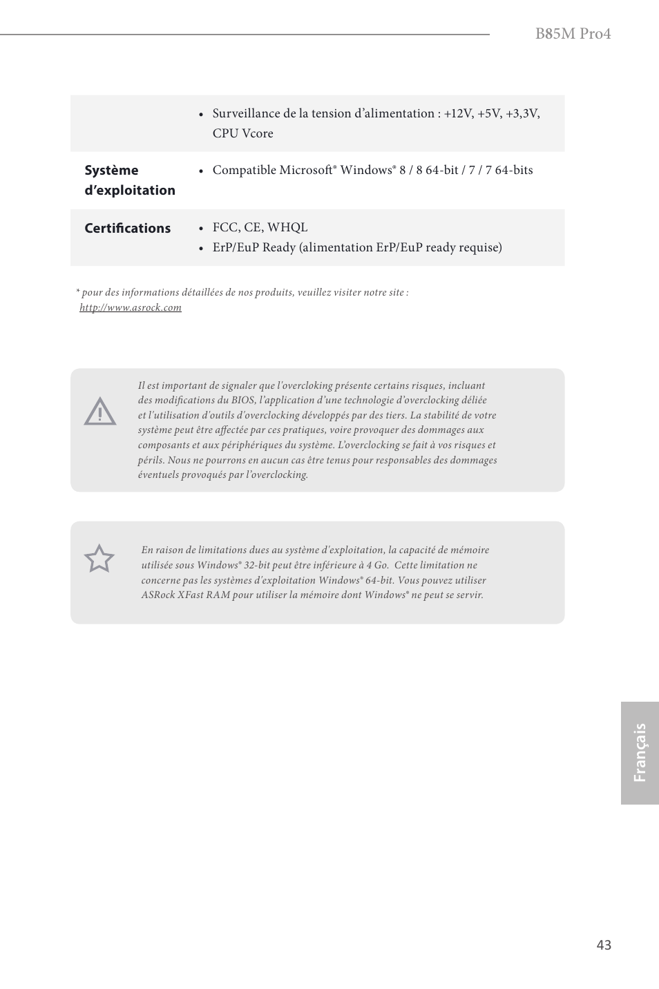 B 8 5m pro4, Fr ançais | ASRock B85M Pro4 User Manual | Page 45 / 163